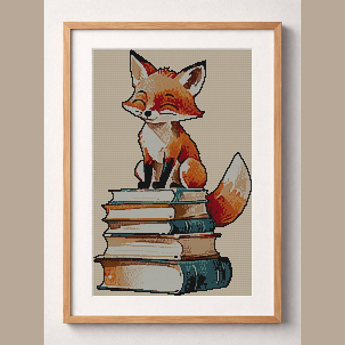 fox-librarian framed cross stitch mockup, realistic finished embroidery design, PDF pattern digital download