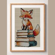fox-librarian framed cross stitch mockup, realistic finished embroidery design, PDF pattern digital download