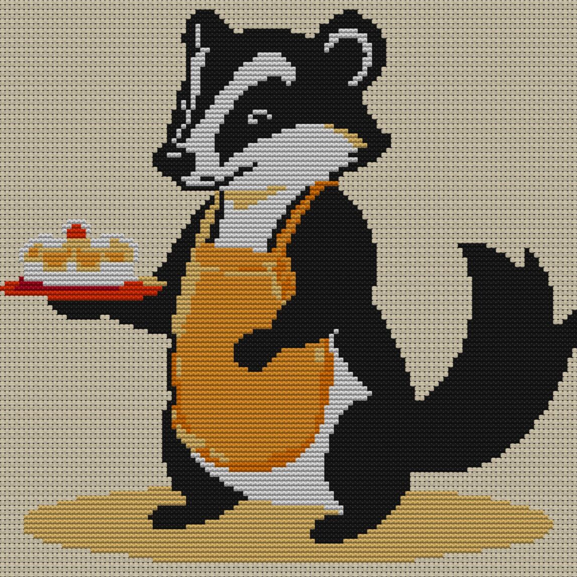 badger-in-apron full cross stitch design mockup without frame, realistic embroidery preview