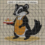 badger-in-apron close-up cross stitch detail showing color changes, confetti areas and stitch texture