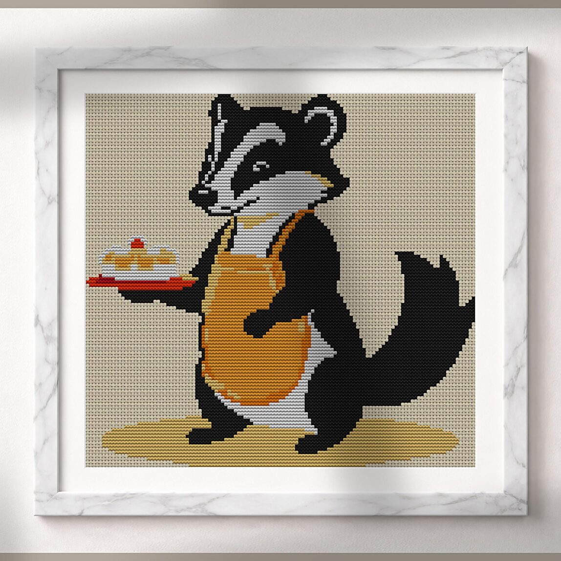 badger-in-apron alternative framed cross stitch mockup, realistic finished embroidery presentation