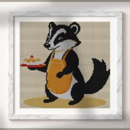 badger-in-apron alternative framed cross stitch mockup, realistic finished embroidery presentation