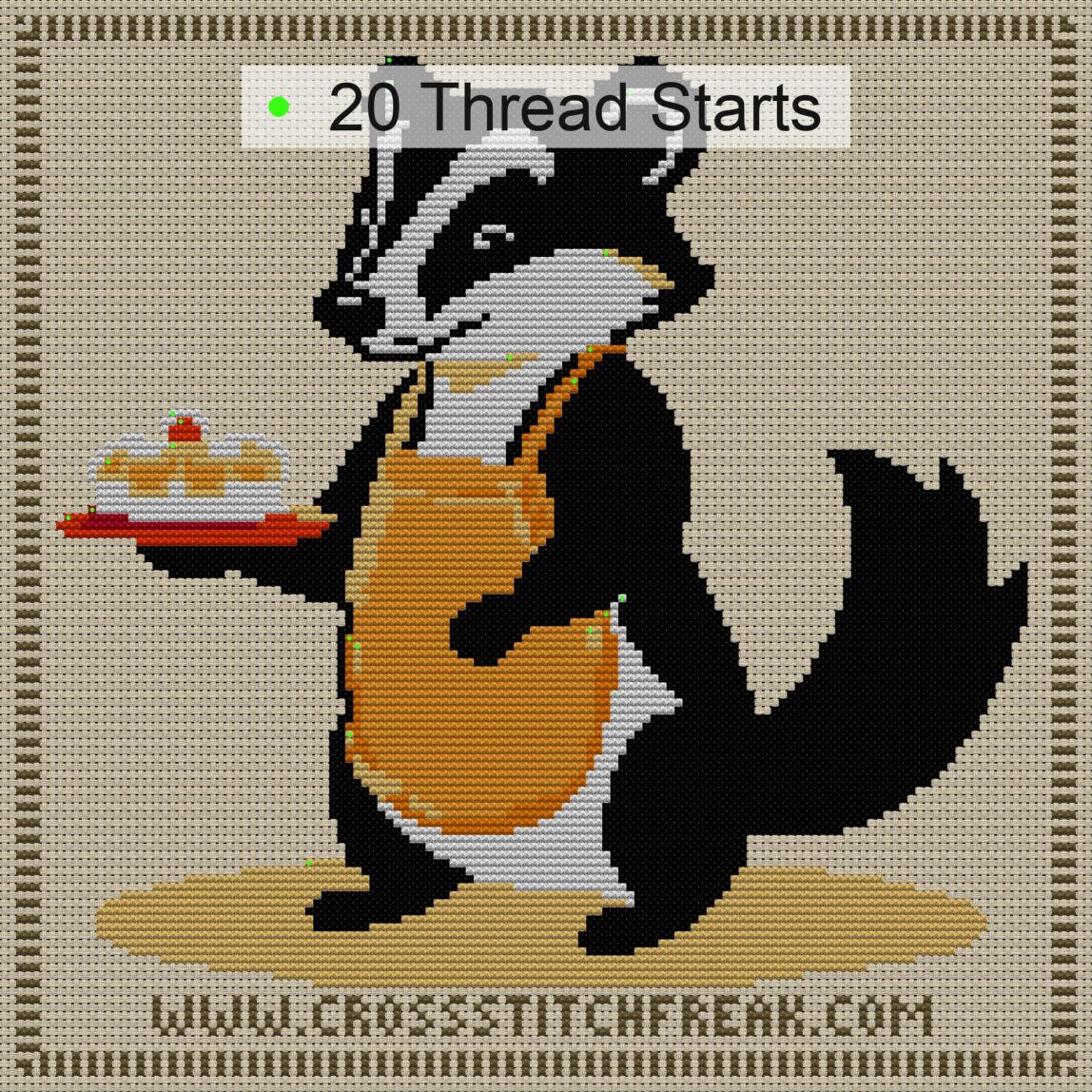 badger-in-apron cross stitch start point map with highlighted thread start positions in the full design