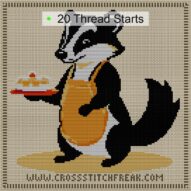 badger-in-apron cross stitch start point map with highlighted thread start positions in the full design