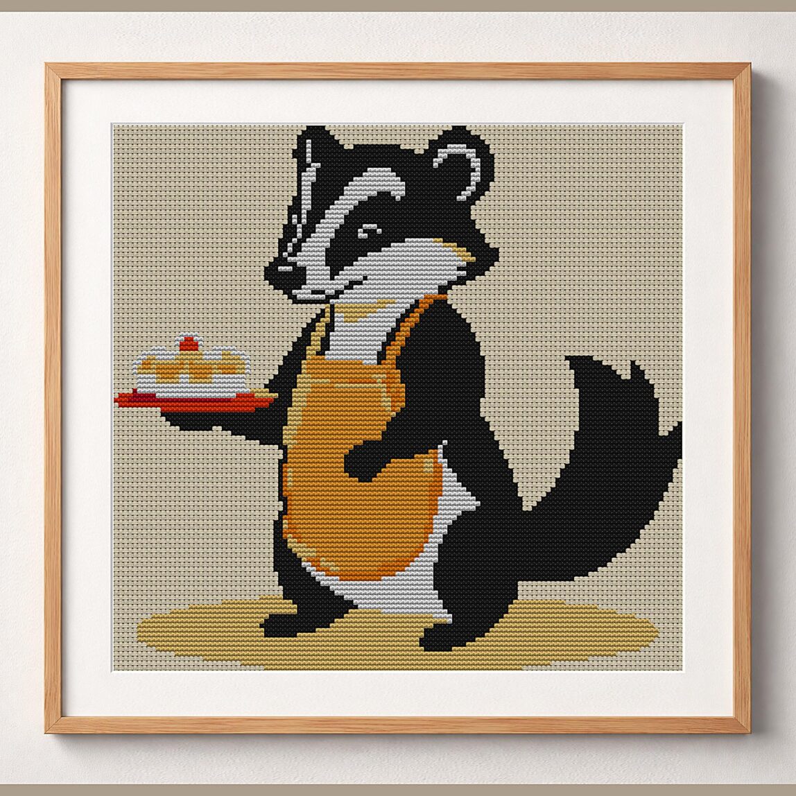 badger-in-apron framed cross stitch mockup, realistic finished embroidery design, PDF pattern digital download