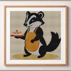 badger-in-apron framed cross stitch mockup, realistic finished embroidery design, PDF pattern digital download