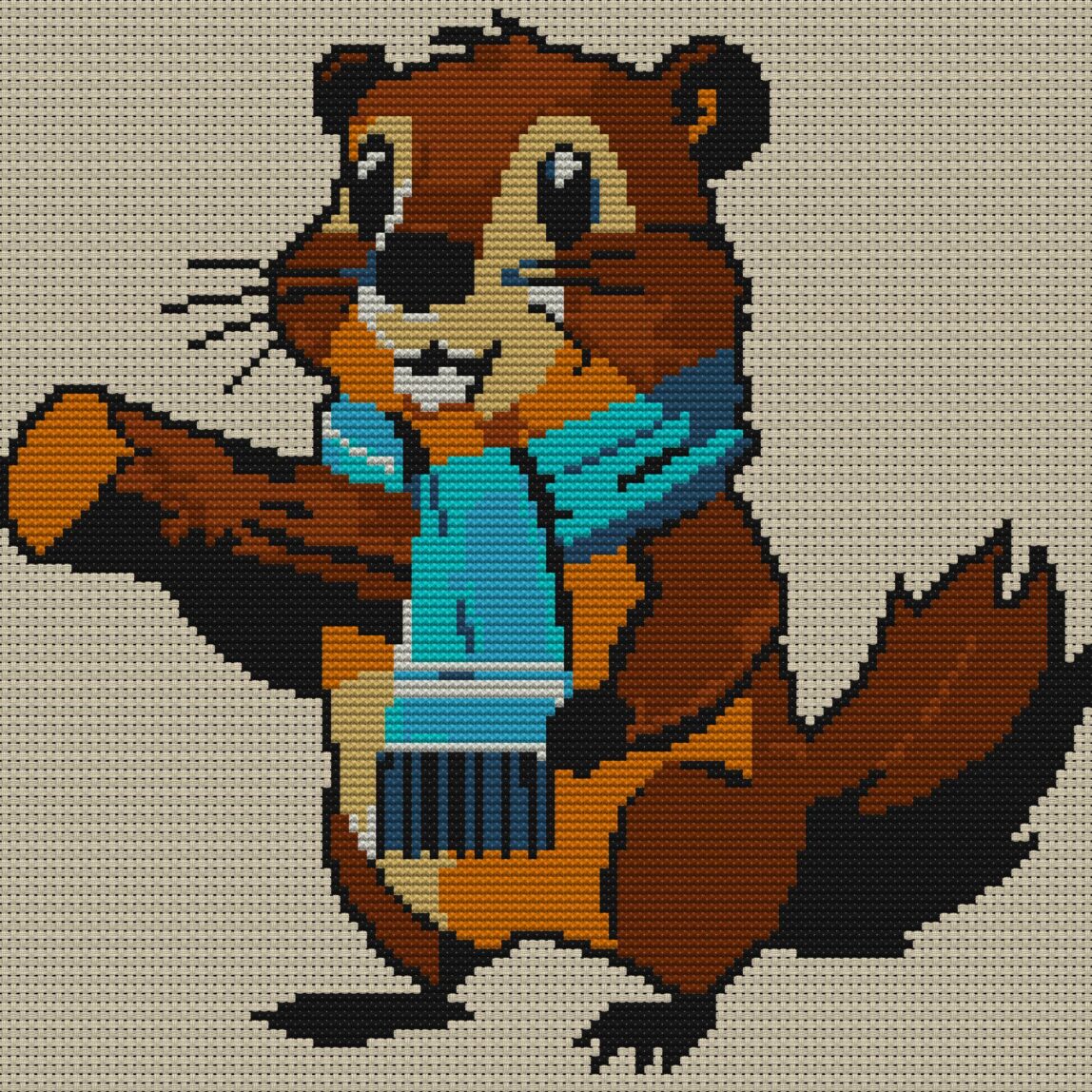 beaver-wearing-scarf full cross stitch design mockup without frame, realistic embroidery preview