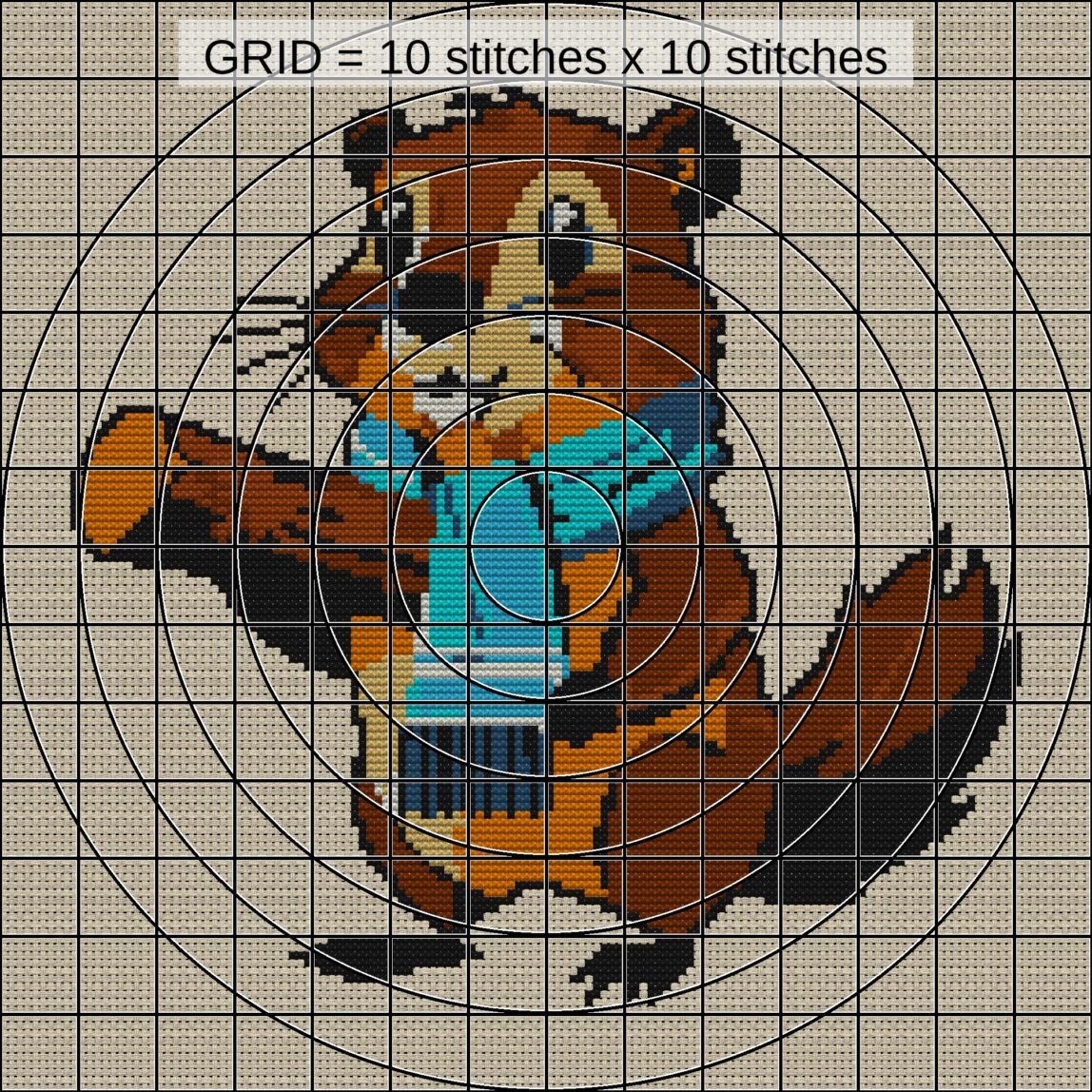 beaver-wearing-scarf close-up cross stitch detail showing color changes, confetti areas and stitch texture