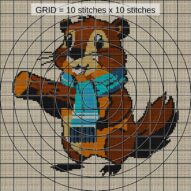 beaver-wearing-scarf close-up cross stitch detail showing color changes, confetti areas and stitch texture