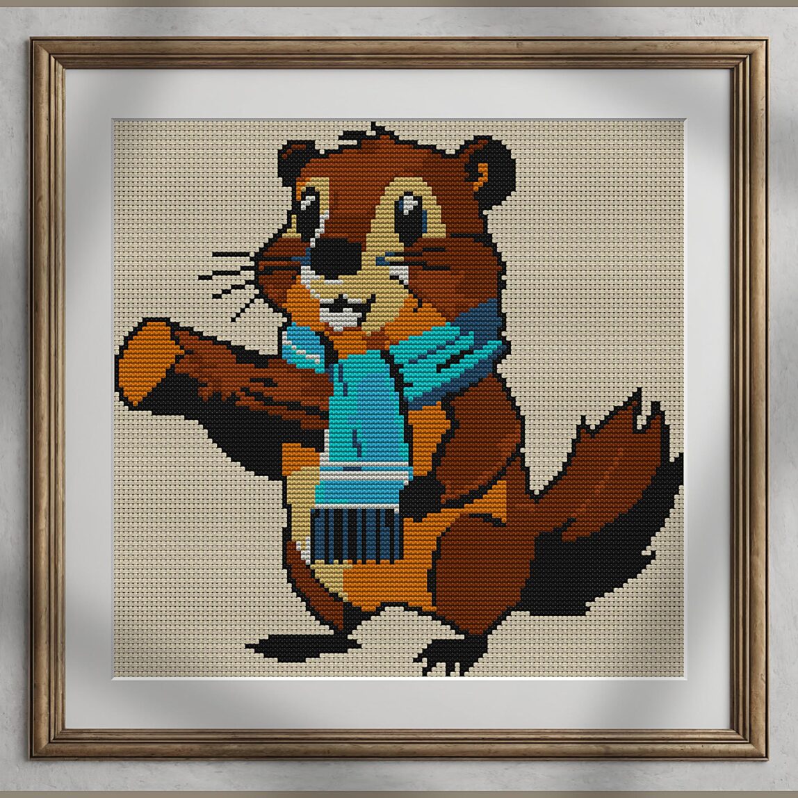 beaver-wearing-scarf alternative framed cross stitch mockup, realistic finished embroidery presentation