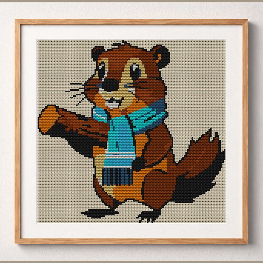 beaver-wearing-scarf framed cross stitch mockup, realistic finished embroidery design, PDF pattern digital download