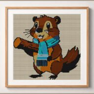 beaver-wearing-scarf framed cross stitch mockup, realistic finished embroidery design, PDF pattern digital download
