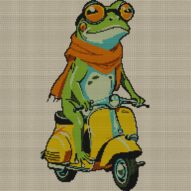 frog-on-vespa full cross stitch design mockup without frame, realistic embroidery preview