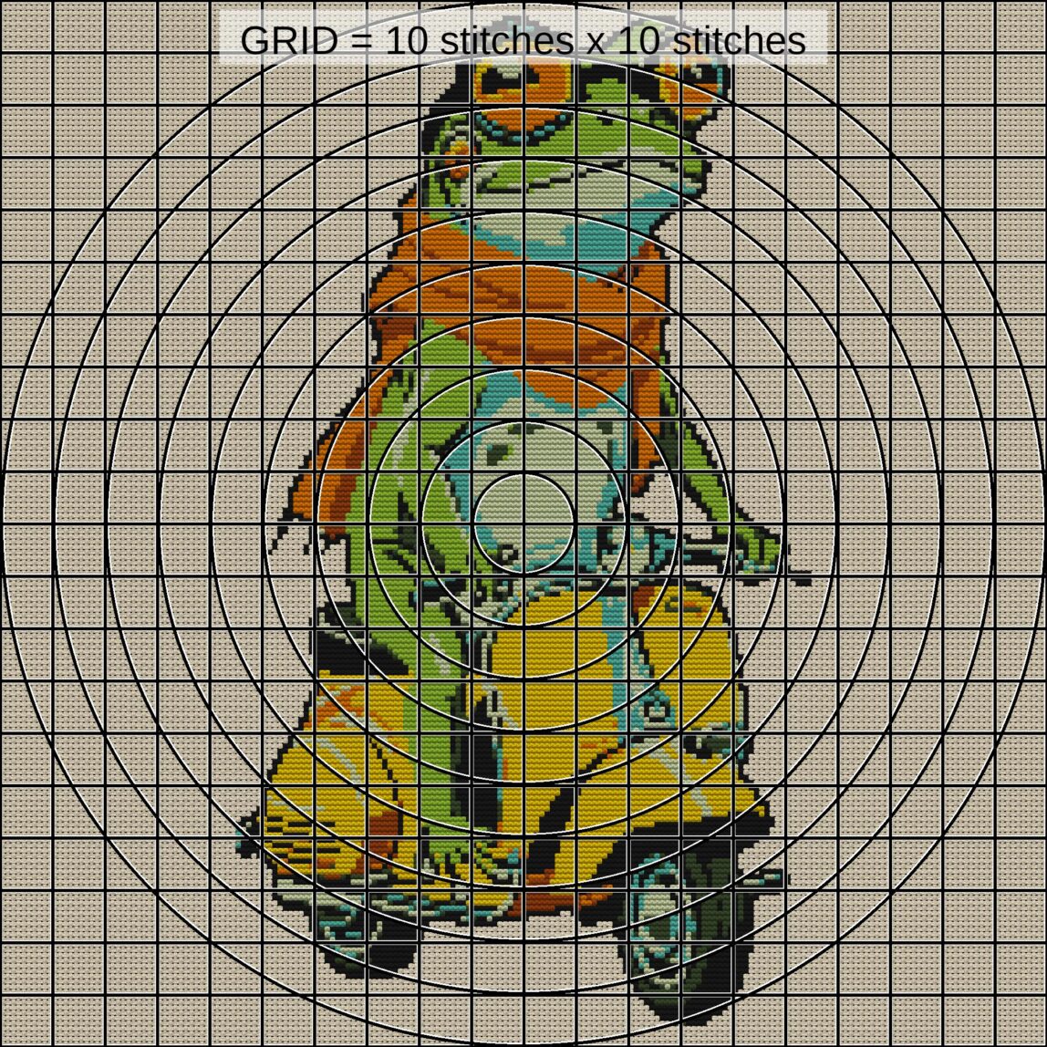 frog-on-vespa close-up cross stitch detail showing color changes, confetti areas and stitch texture
