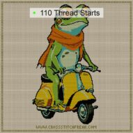 frog-on-vespa cross stitch start point map with highlighted thread start positions in the full design