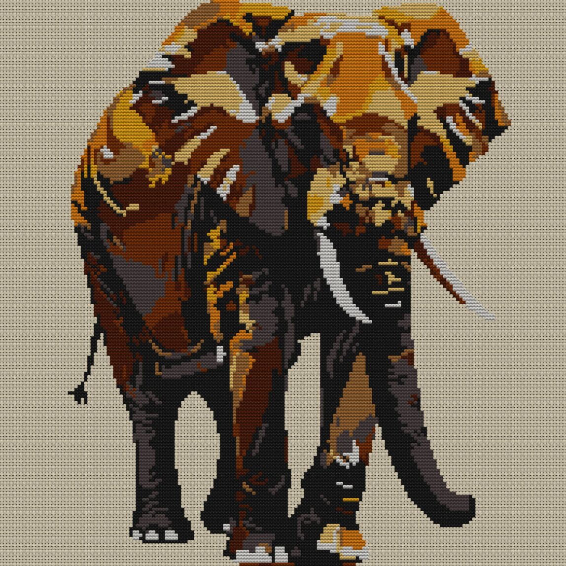 elephant-with-raised-trun full cross stitch design mockup without frame, realistic embroidery preview
