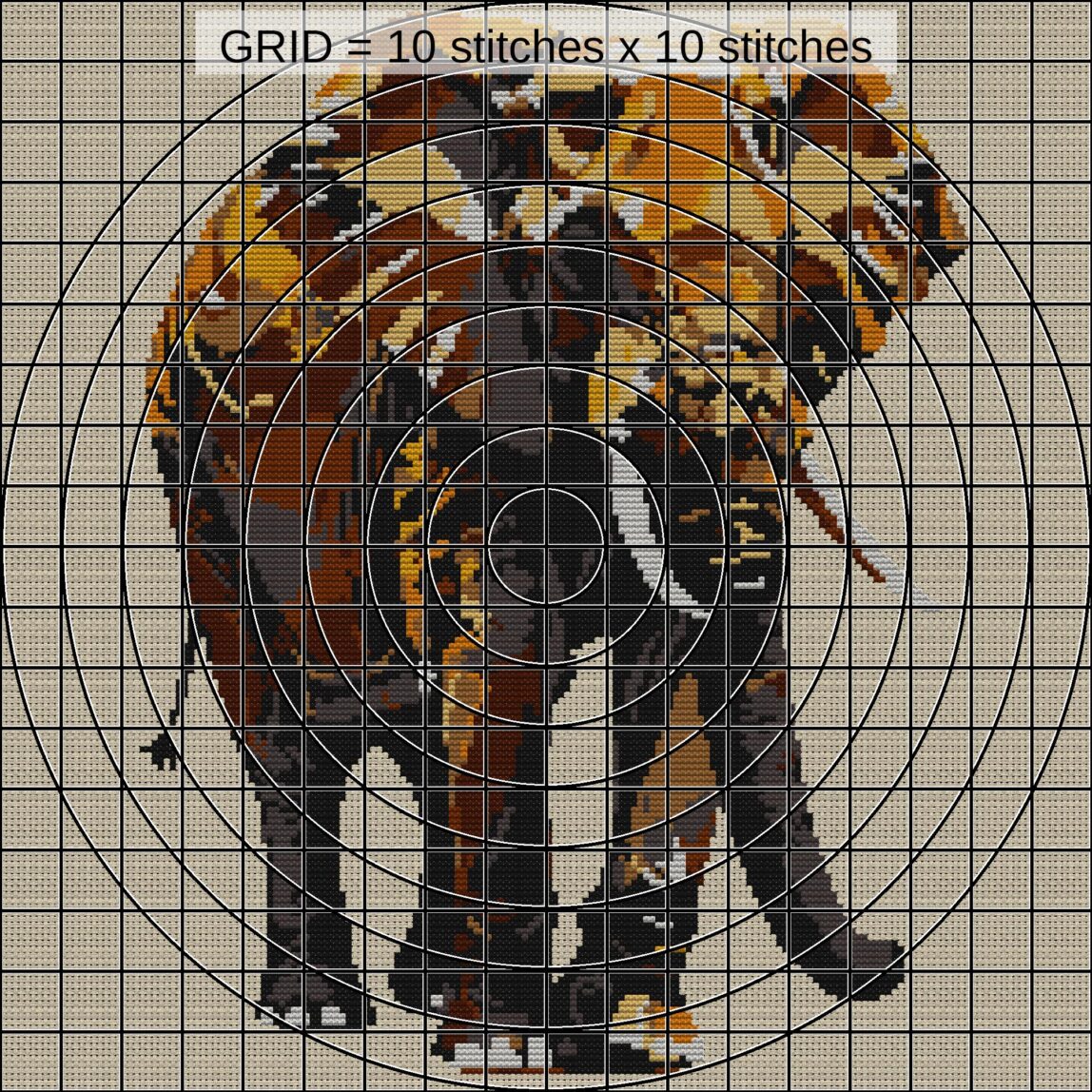 elephant-with-raised-trun close-up cross stitch detail showing color changes, confetti areas and stitch texture