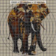 elephant-with-raised-trun close-up cross stitch detail showing color changes, confetti areas and stitch texture
