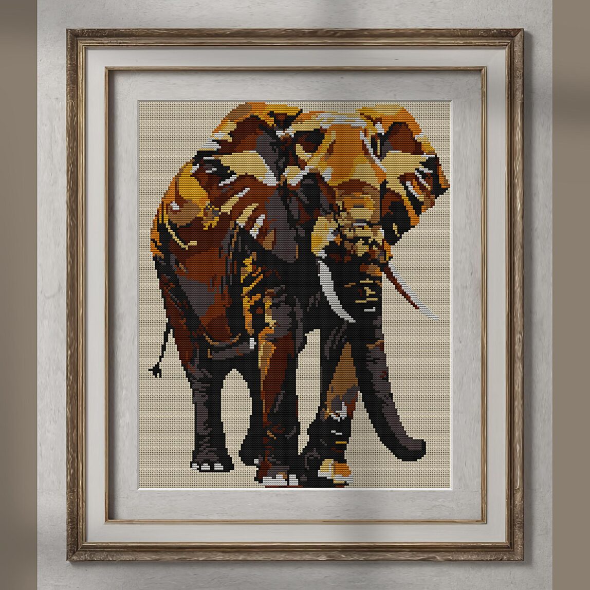 elephant-with-raised-trun alternative framed cross stitch mockup, realistic finished embroidery presentation