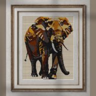 elephant-with-raised-trun alternative framed cross stitch mockup, realistic finished embroidery presentation