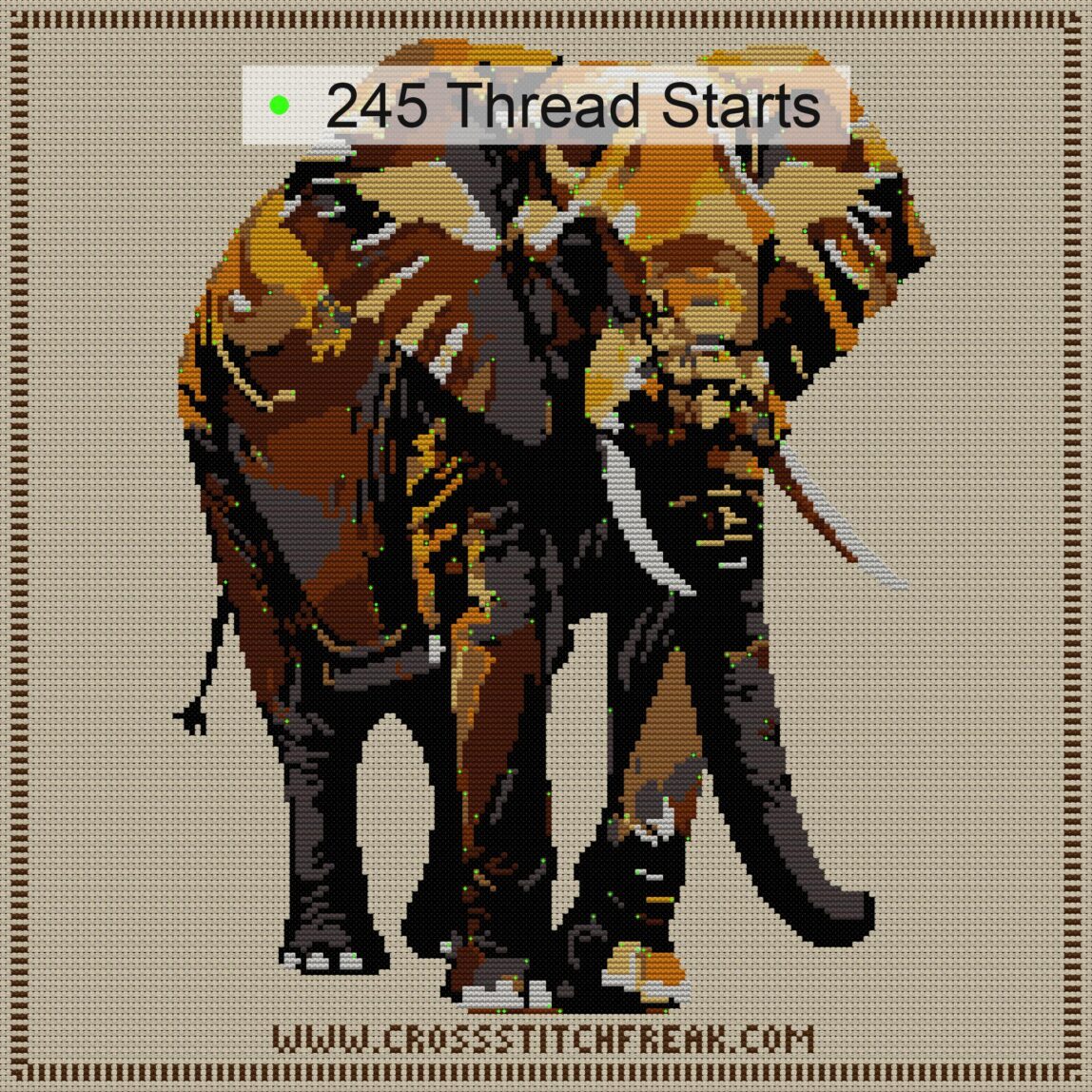 elephant-with-raised-trun cross stitch start point map with highlighted thread start positions in the full design