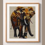 elephant-with-raised-trun framed cross stitch mockup, realistic finished embroidery design, PDF pattern digital download
