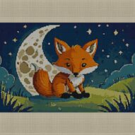 fox-curled-around-moon full cross stitch design mockup without frame, realistic embroidery preview