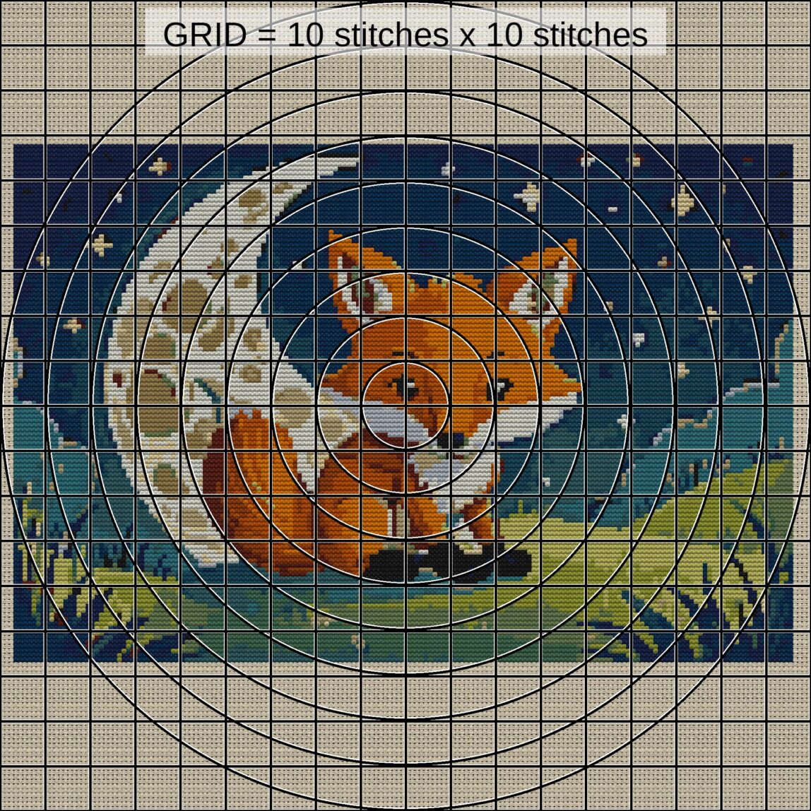 fox-curled-around-moon zoomed stitching detail fox-curled-around-moon close-up cross stitch detail showing color changes, confetti areas and stitch texture