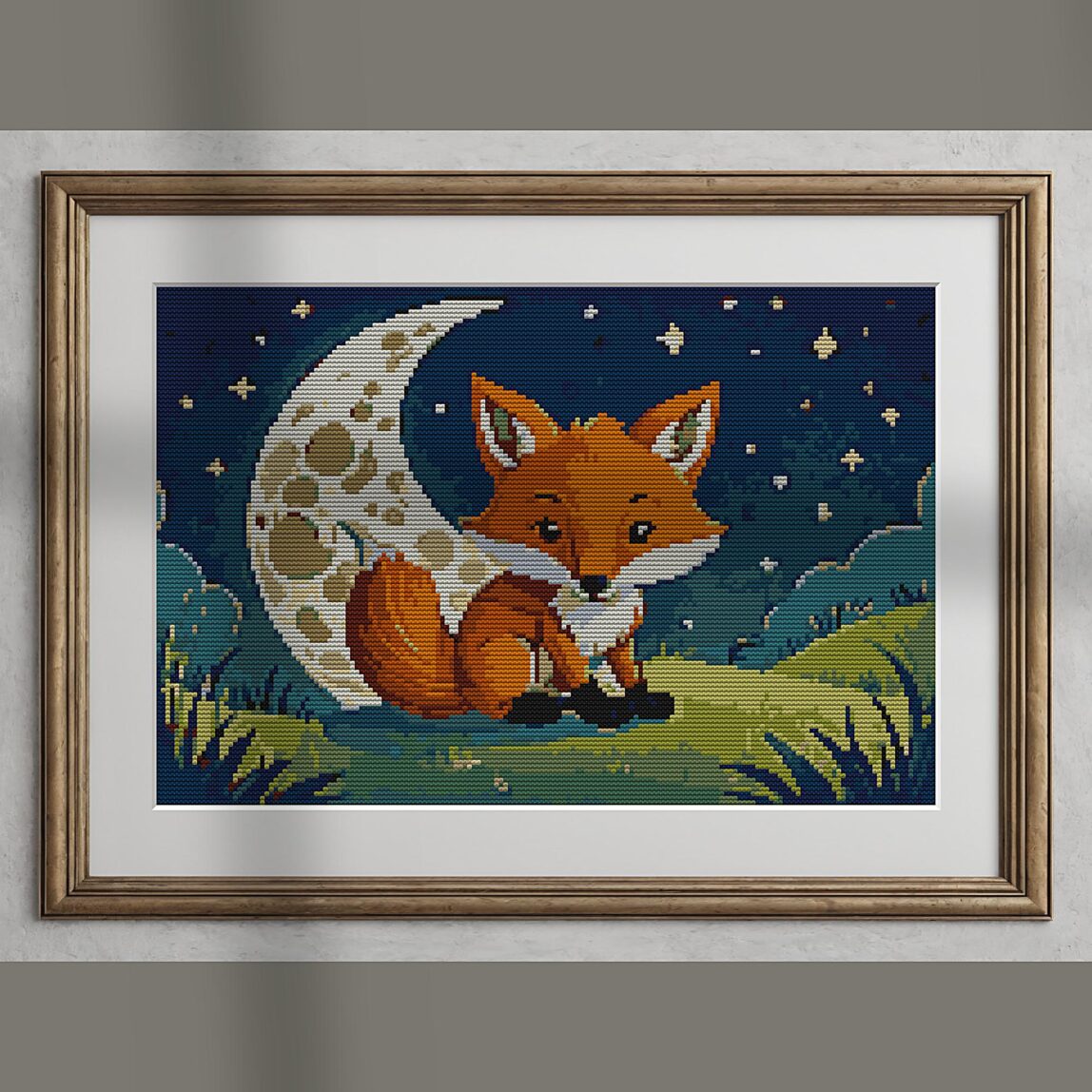 fox-curled-around-moon alternative framed mockup fox-curled-around-moon alternative framed cross stitch mockup, realistic finished embroidery presentation