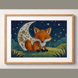 fox-curled-around-moon framed cross stitch mockup, realistic finished embroidery design, PDF pattern digital download