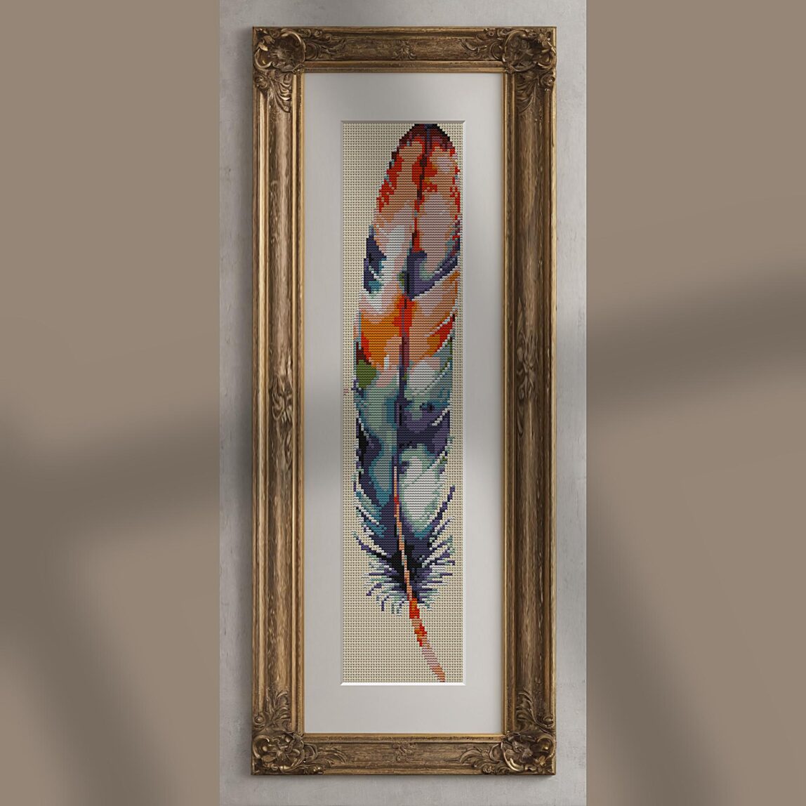 feather alternative framed cross stitch mockup, realistic finished embroidery presentation