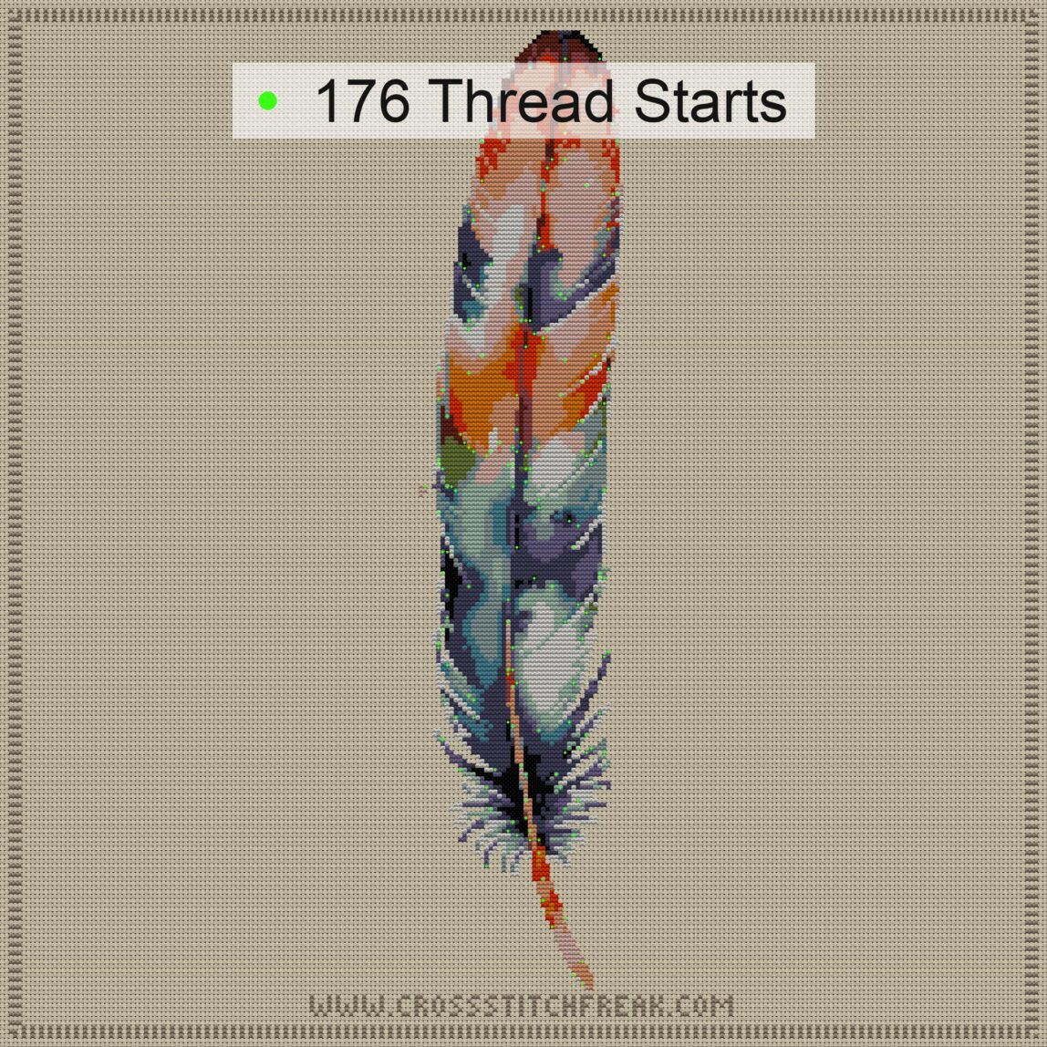 feather cross stitch start point map with highlighted thread start positions in the full design