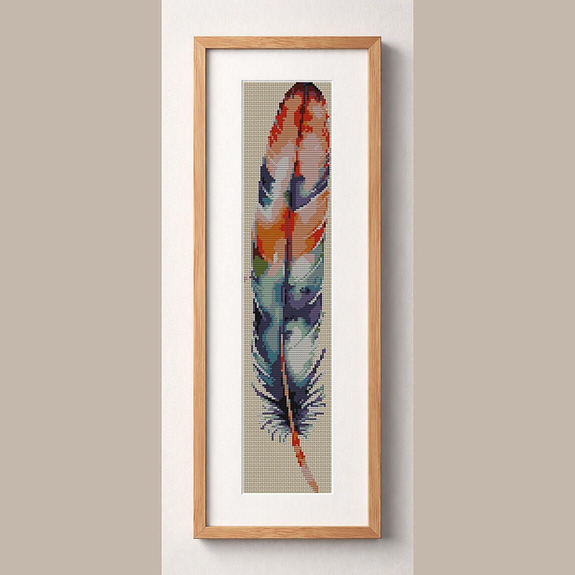 feather framed cross stitch mockup, realistic finished embroidery design, PDF pattern digital download
