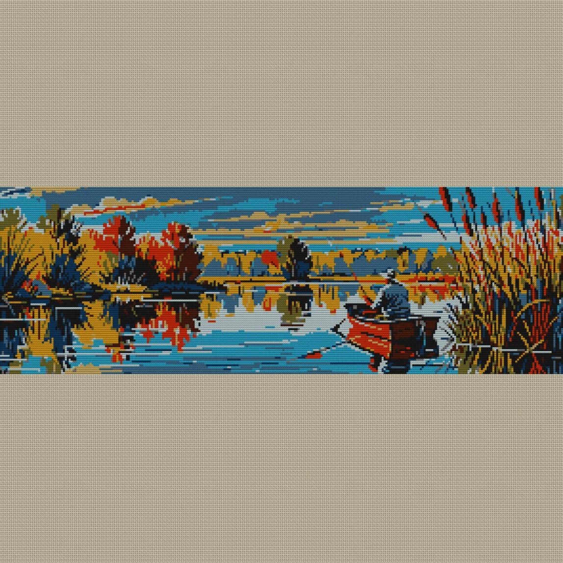 fishing-bobber full cross stitch design mockup without frame, realistic embroidery preview