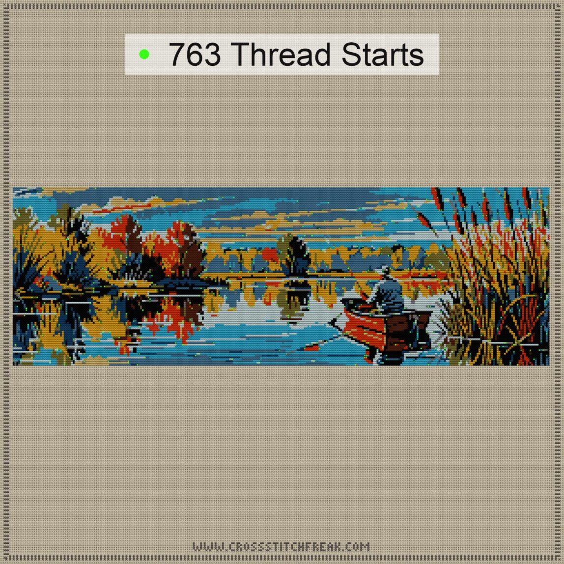 fishing-bobber cross stitch start point map with highlighted thread start positions in the full design