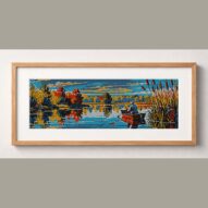 fishing-bobber framed cross stitch mockup, realistic finished embroidery design, PDF pattern digital download