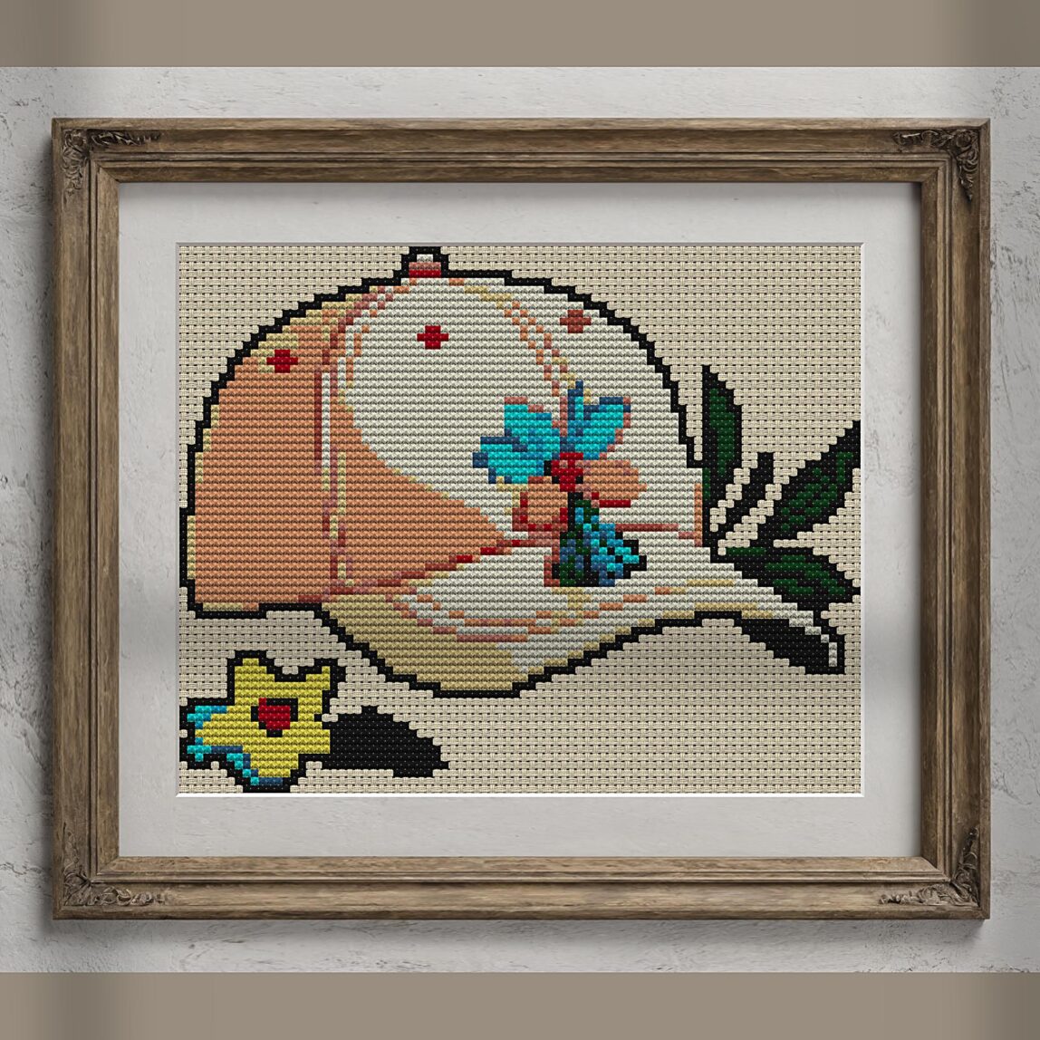 cap-decorated-with-flower alternative framed mockup cap-decorated-with-flower alternative framed cross stitch mockup, realistic finished embroidery presentation