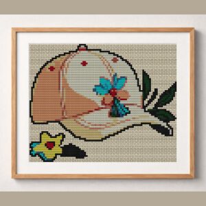 cap-decorated-with-flower framed cross stitch mockup, realistic finished embroidery design, PDF pattern digital download