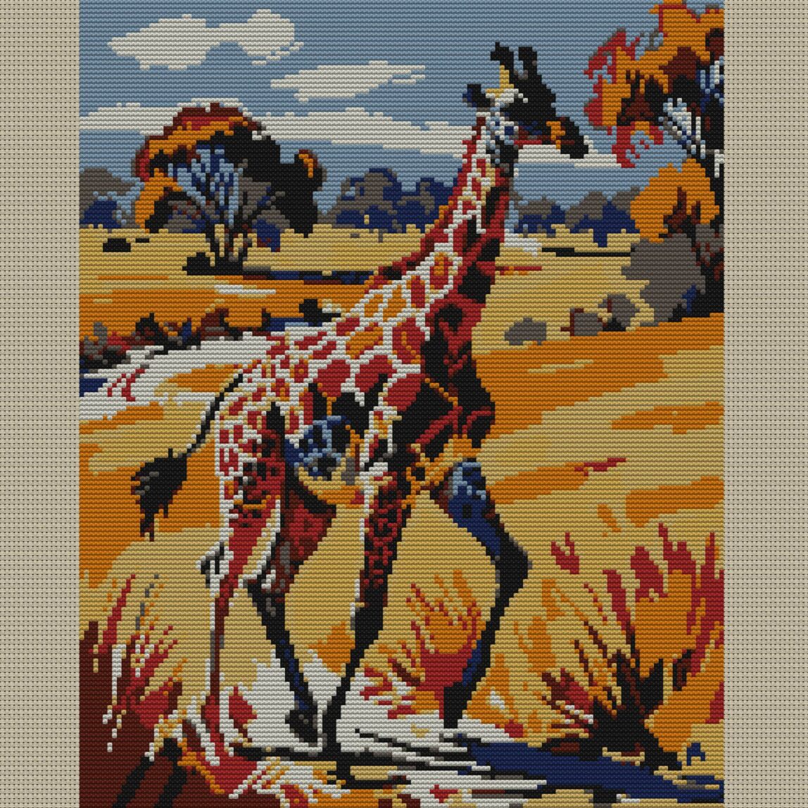 giraffe-galloping-with-sc full cross stitch design mockup without frame, realistic embroidery preview