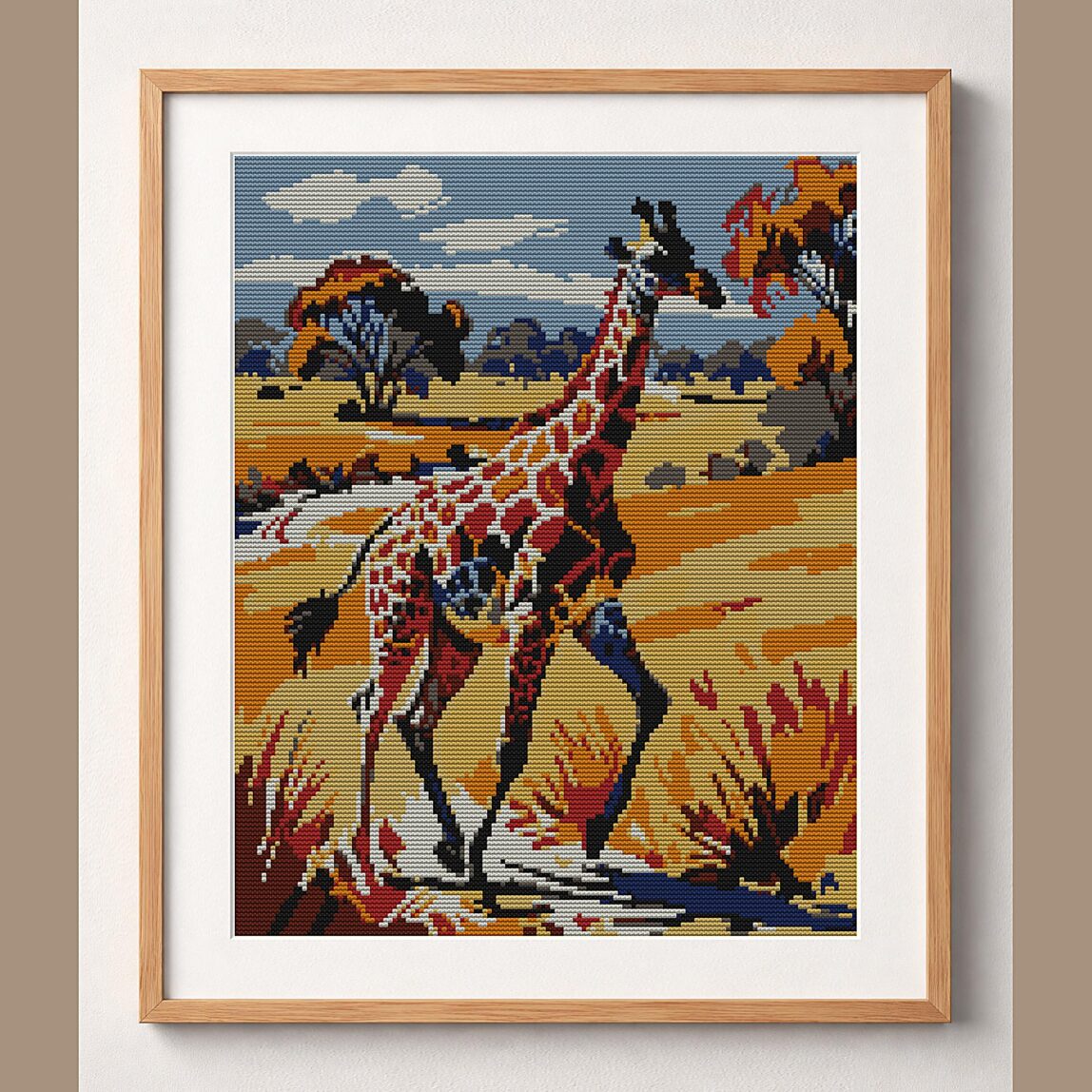 giraffe-galloping-with-sc framed cross stitch mockup, realistic finished embroidery design, PDF pattern digital download
