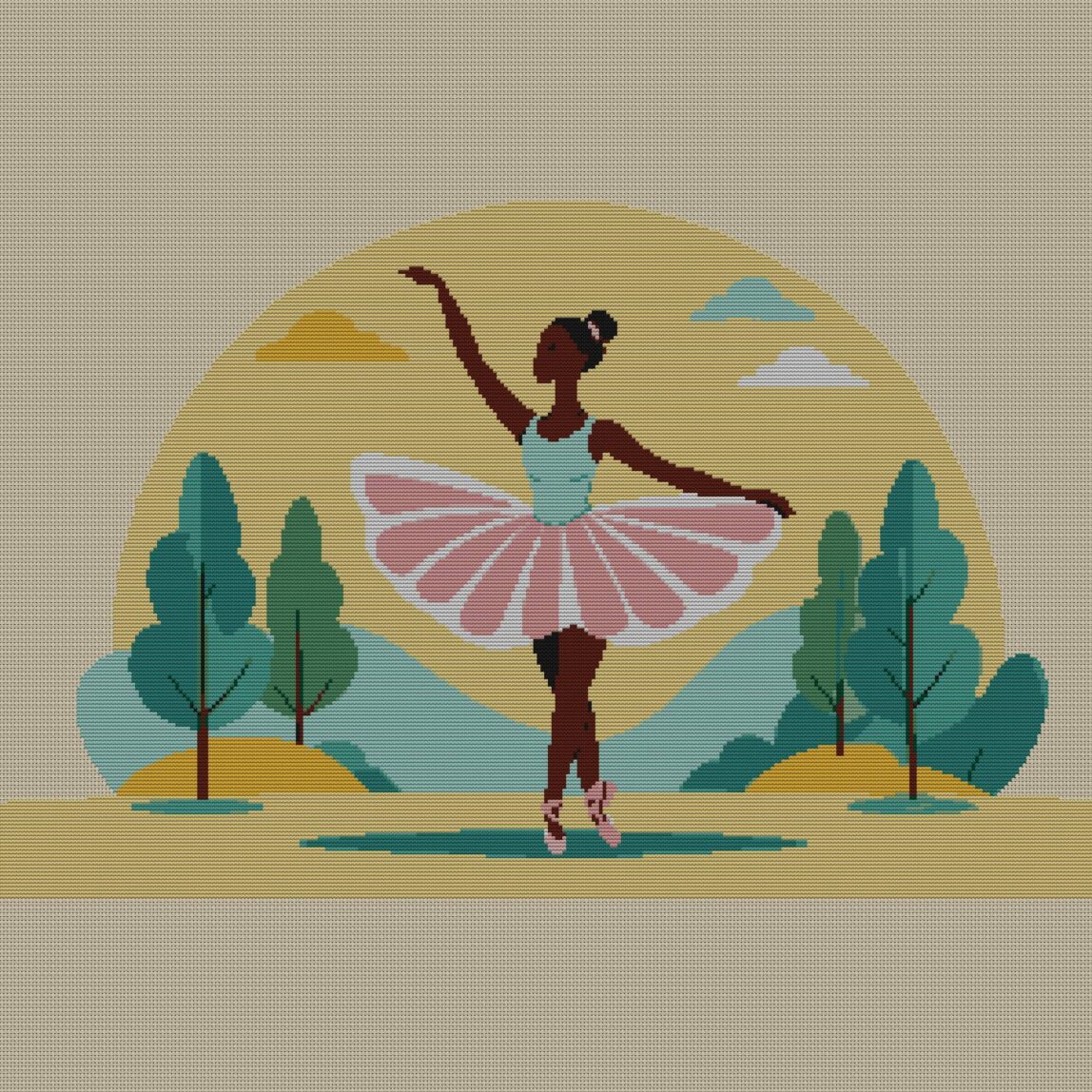 ballerina-carrying-costum full cross stitch design mockup without frame, realistic embroidery preview