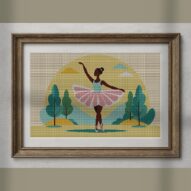 ballerina-carrying-costum alternative framed cross stitch mockup, realistic finished embroidery presentation