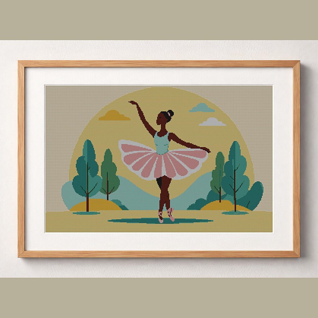 ballerina-carrying-costum framed cross stitch mockup, realistic finished embroidery design, PDF pattern digital download