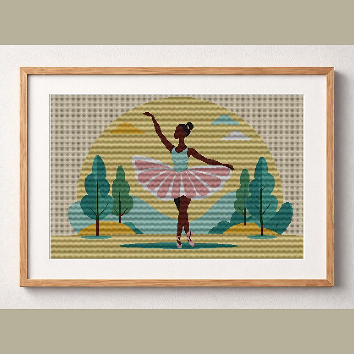 ballerina-carrying-costum framed cross stitch mockup, realistic finished embroidery design, PDF pattern digital download