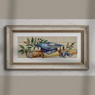 graduation-cap alternative framed cross stitch mockup, realistic finished embroidery presentation