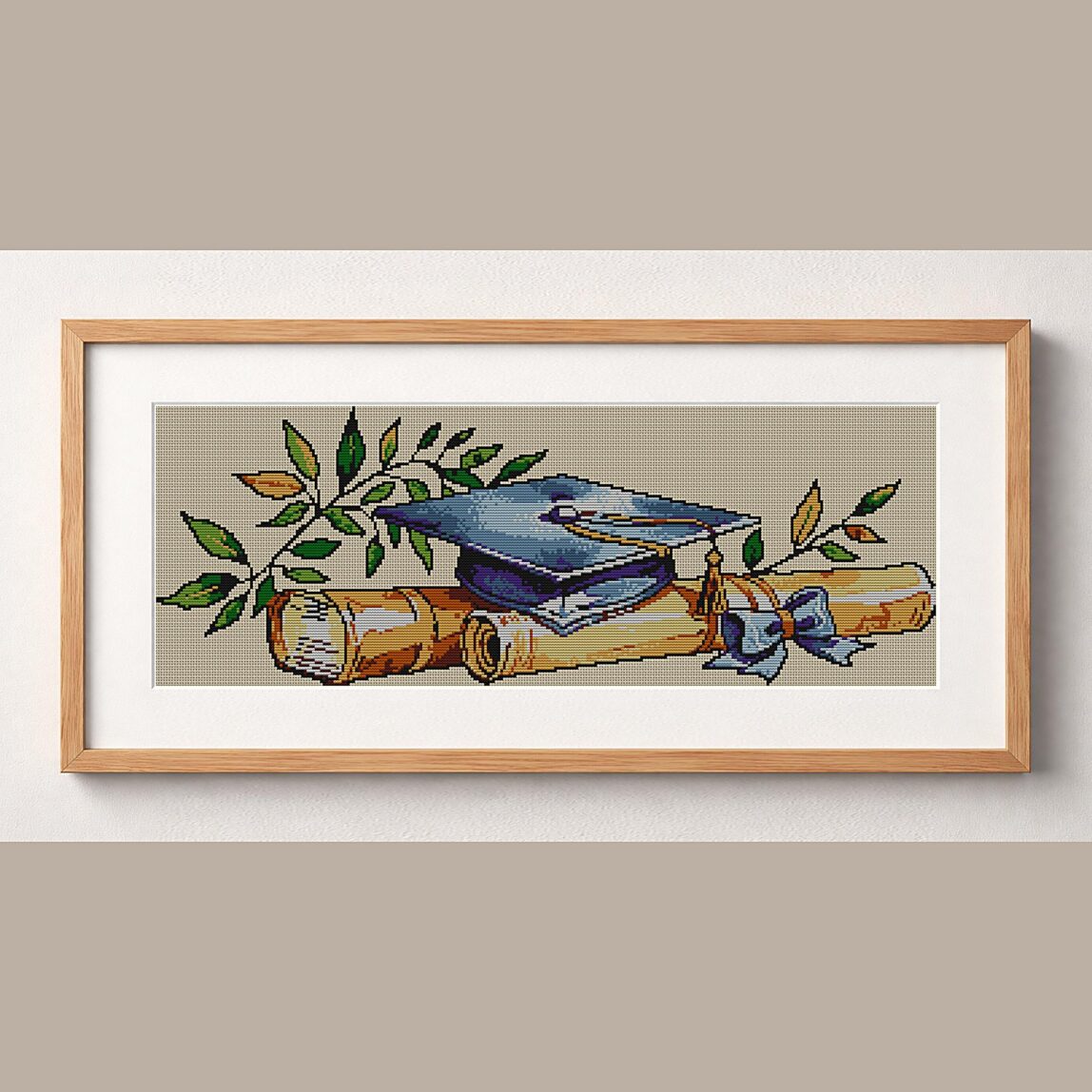 graduation-cap framed cross stitch mockup, realistic finished embroidery design, PDF pattern digital download