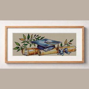 graduation-cap framed cross stitch mockup, realistic finished embroidery design, PDF pattern digital download