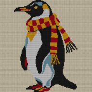 penguin-knitting-scarf full cross stitch design mockup without frame, realistic embroidery preview