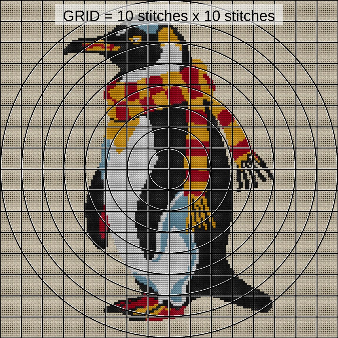penguin-knitting-scarf close-up cross stitch detail showing color changes, confetti areas and stitch texture