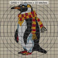penguin-knitting-scarf close-up cross stitch detail showing color changes, confetti areas and stitch texture